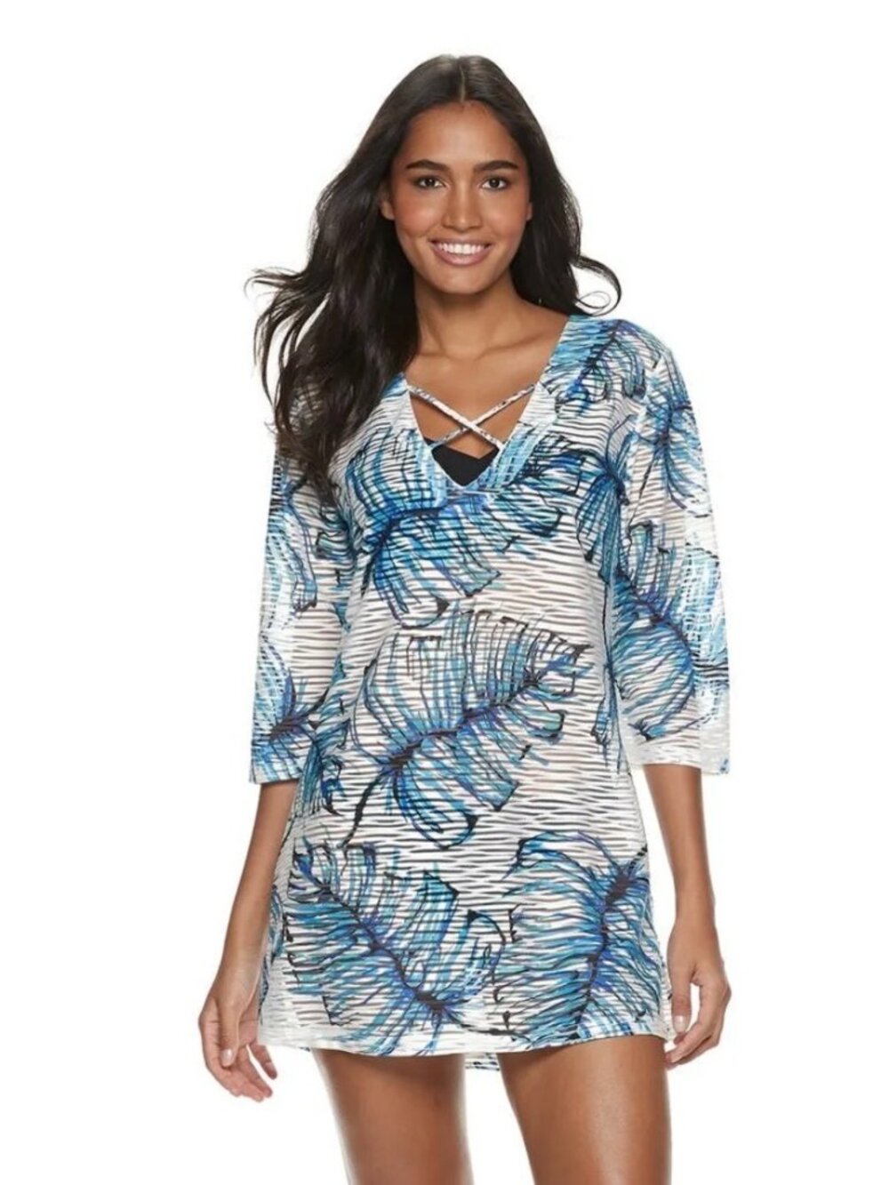 Apt 9 Sheer Palm Leaf V-Neck Swim Cover-Up Tunic Blue M